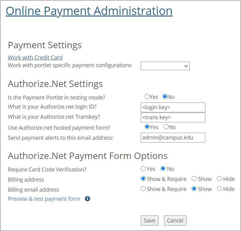 Online Payment Administration Settings