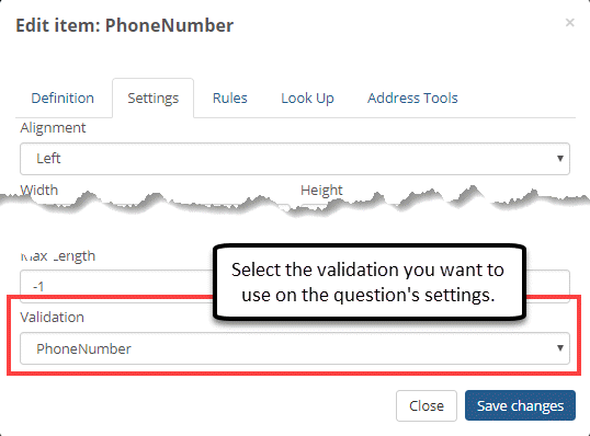 Sample settings for validation connected to a question.