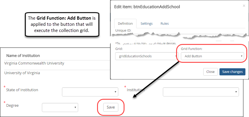 Sample Add Button grid function applied to the Save button on a form.