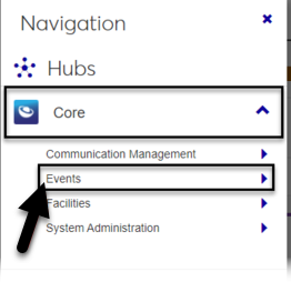 Web Navigation with Events hub highlighted under the Core hub.