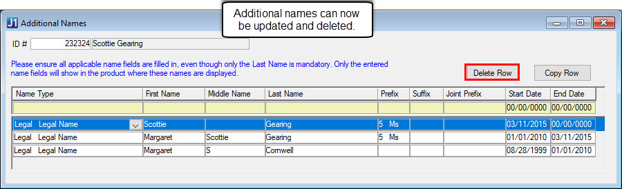 Additional Names window with the Delete Row button highlighted.