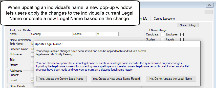 Legal Name Change window with options to create a new Legal Name based on entered changes.