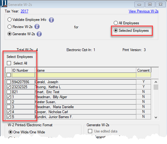 Generate W-2s window with option to generate W-2s for selected employees.