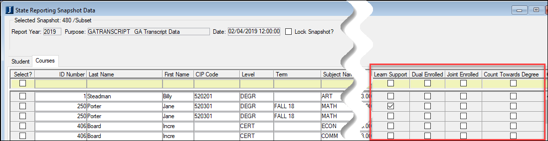 State Reporting Snapshot Data window with checkbox columns highlighted.